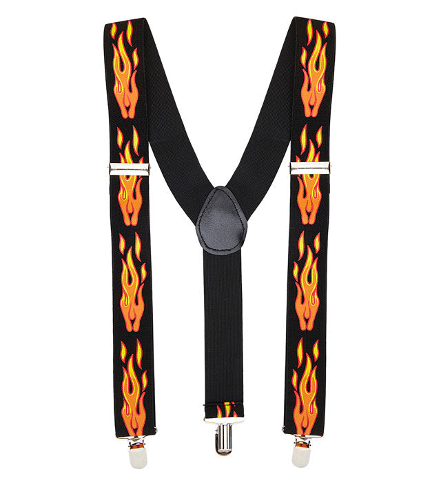 Hosenträger mit auffälligem Flammenmuster in rot und schwarz