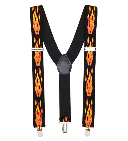 Hosenträger mit auffälligem Flammenmuster in rot und schwarz
