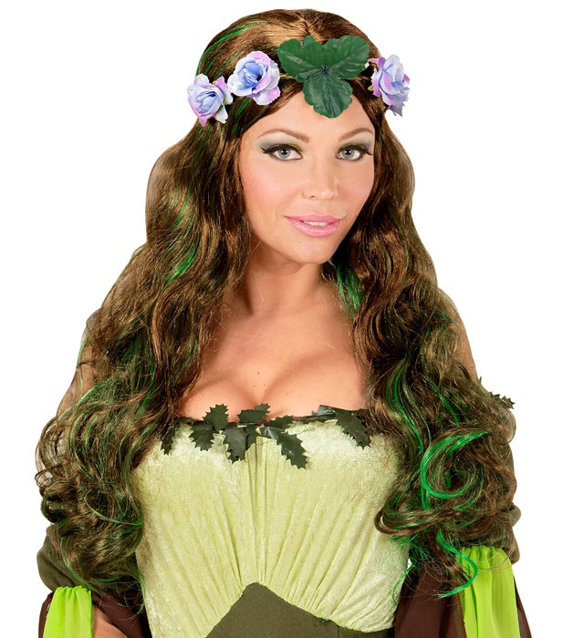 Perücke Mutter Natur mit braunen Wellen und buntem Blumen-Haarband