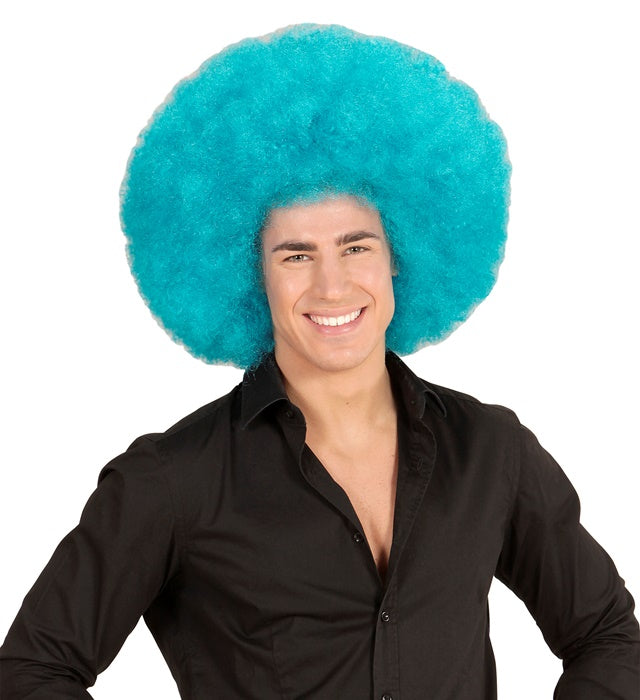 Schwarze Afro-Perücke mit türkisen Akzenten für Fasnacht und Karneval