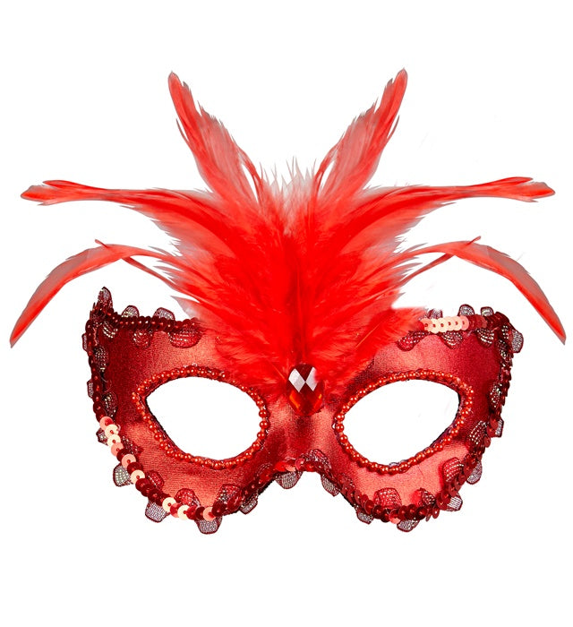Venezianische Augenmaske Baroness in metallischem Rot mit Edelsteinen, Perlen und Federn