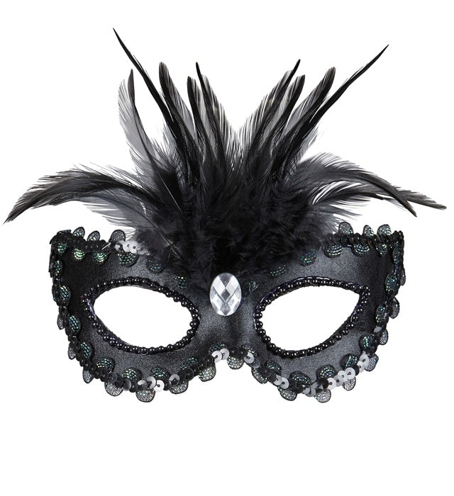 Venezianische schwarze Augenmaske mit Federn, Pailettenrand und Edelstein