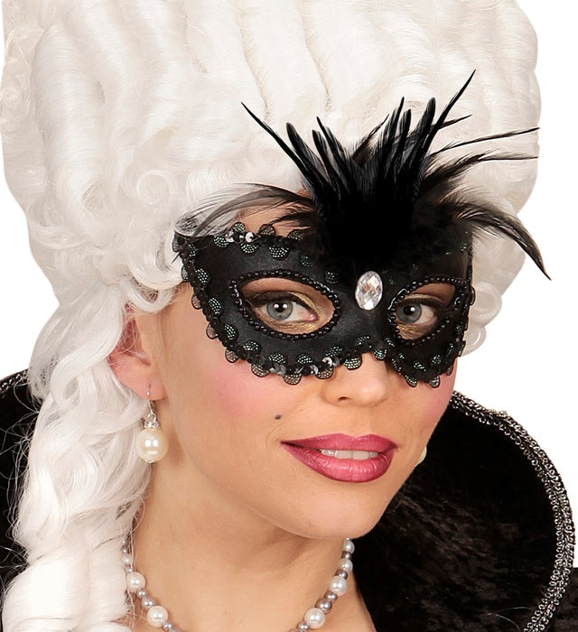 Venezianische schwarze Augenmaske mit Federn, Pailettenrand und Edelstein