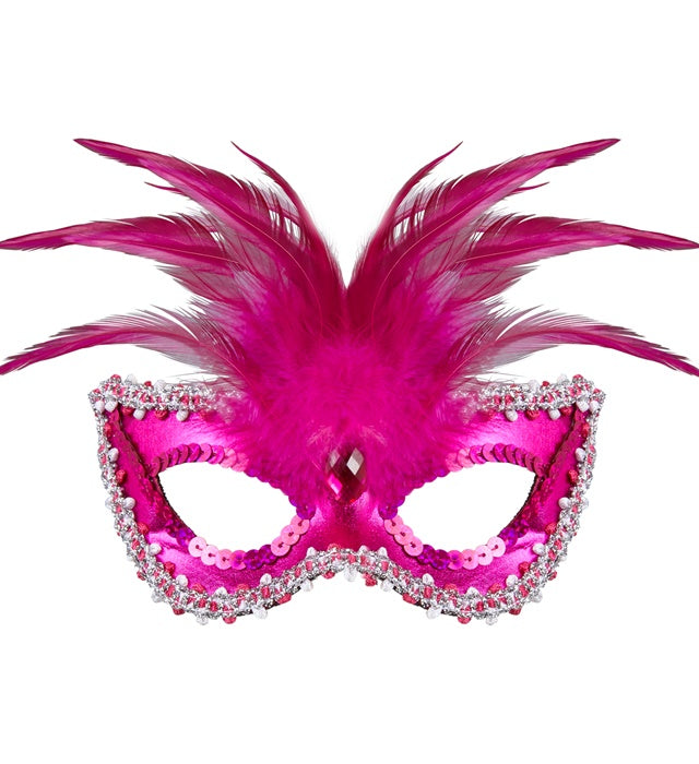 Venezianische Augenmaske Baroness in metallischem Pink mit Perlen, Edelstein, Paillettenrand und Federn