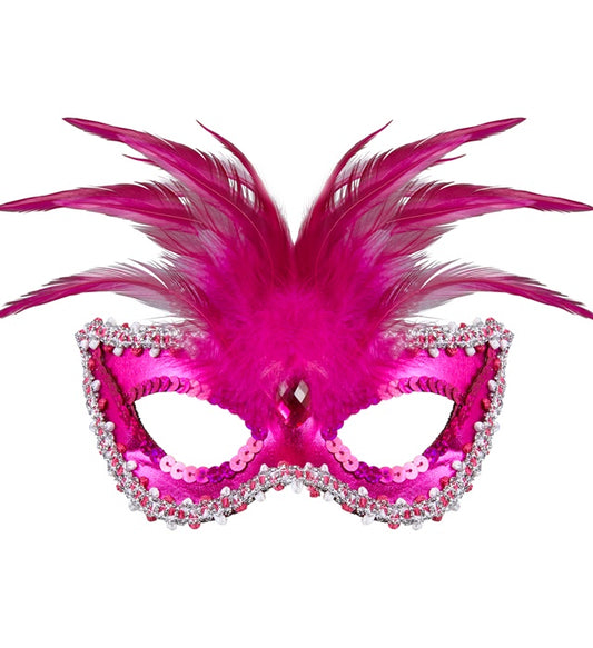 Venezianische Augenmaske Baroness in metallischem Pink mit Perlen, Edelstein, Paillettenrand und Federn