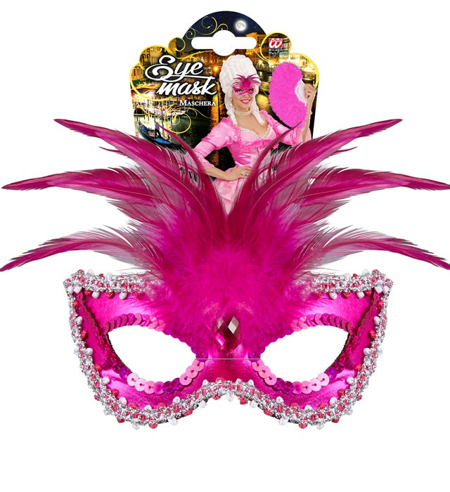 Venezianische Augenmaske Baroness in metallischem Pink mit Perlen, Edelstein, Paillettenrand und Federn