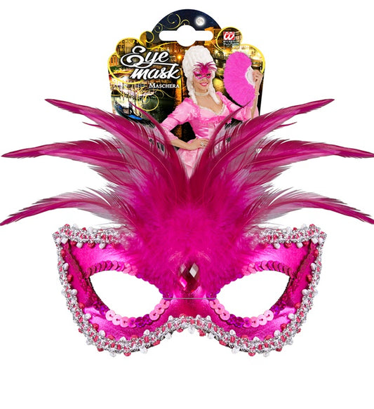 Venezianische Augenmaske Baroness in metallischem Pink mit Perlen, Edelstein, Paillettenrand und Federn
