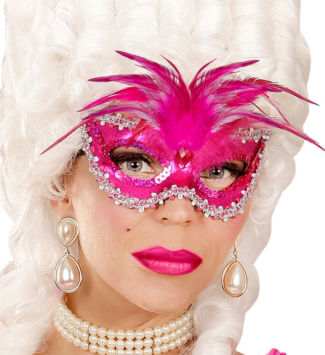 Venezianische Augenmaske Baroness in metallischem Pink mit Perlen, Edelstein, Paillettenrand und Federn