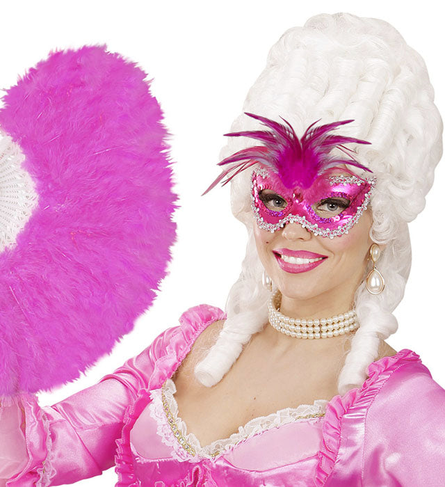 Venezianische Augenmaske Baroness in metallischem Pink mit Perlen, Edelstein, Paillettenrand und Federn