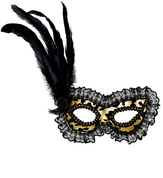 Goldene Augenmaske mit Spitzenrand, Rose und Federn