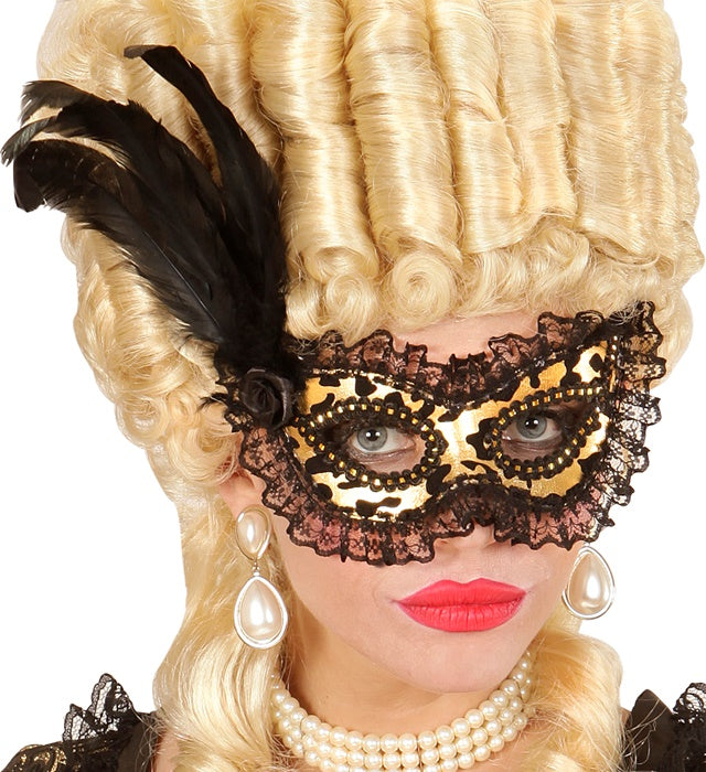 Goldene Augenmaske mit Spitzenrand, Rose und Federn