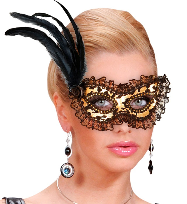 Goldene Augenmaske mit Spitzenrand, Rose und Federn