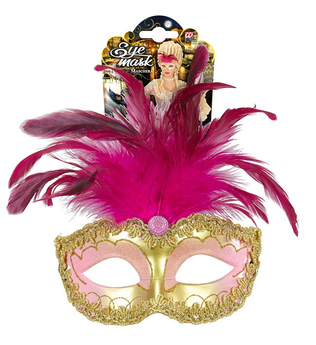 Goldene Augenmaske mit Edelstein und Federn für Fasnacht und Karneval