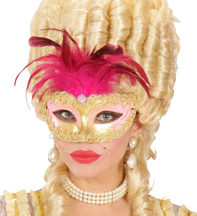 Goldene Augenmaske mit Edelstein und Federn für Fasnacht und Karneval
