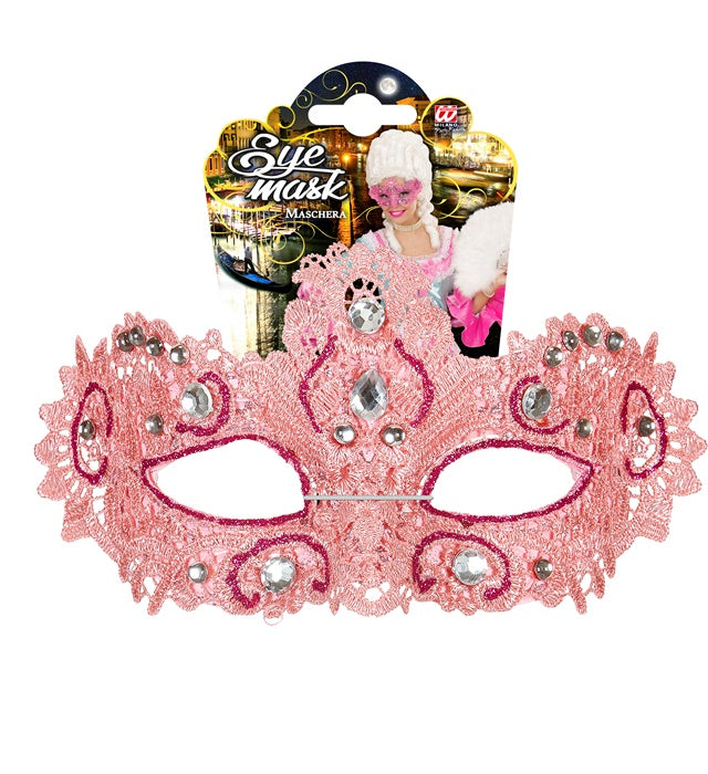Pinkfarbene Augenmaske mit funkelnden Schmucksteinen und elegantem Design