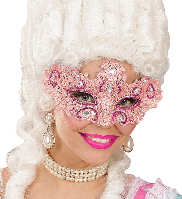 Pinkfarbene Augenmaske mit funkelnden Schmucksteinen und elegantem Design