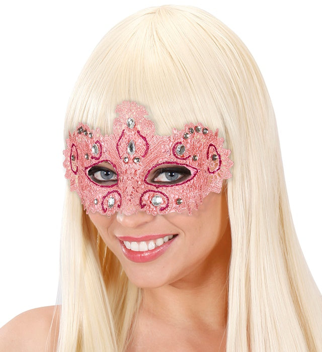 Pinkfarbene Augenmaske mit funkelnden Schmucksteinen und elegantem Design