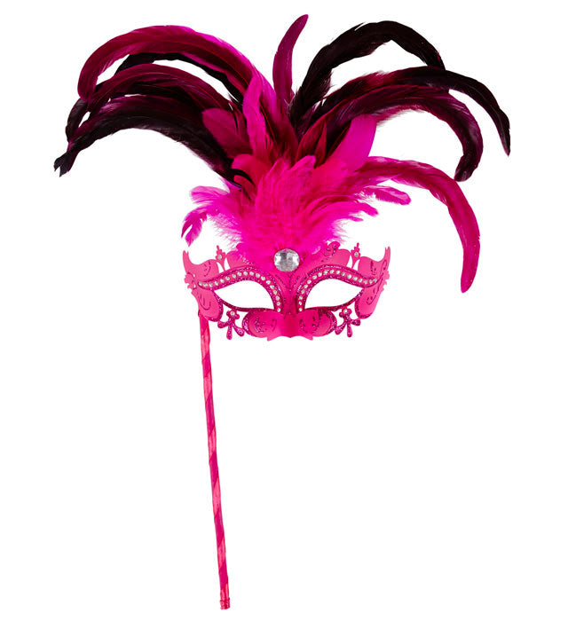 Pinkfarbene Marquise-Augenmaske mit Strass, Edelstein und Federn auf Stab