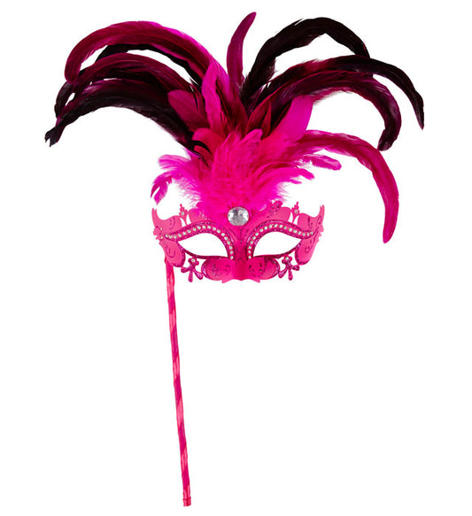 Pinkfarbene Marquise-Augenmaske mit Strass, Edelstein und Federn auf Stab