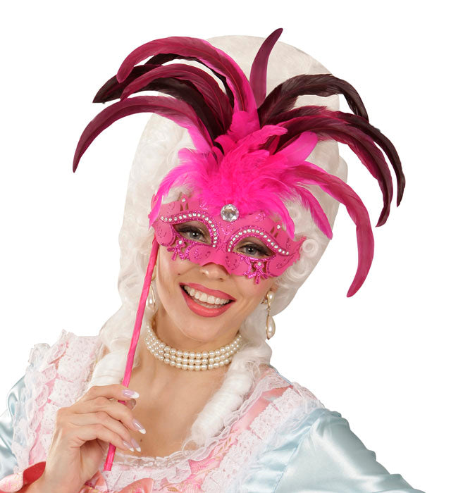 Pinkfarbene Marquise-Augenmaske mit Strass, Edelstein und Federn auf Stab