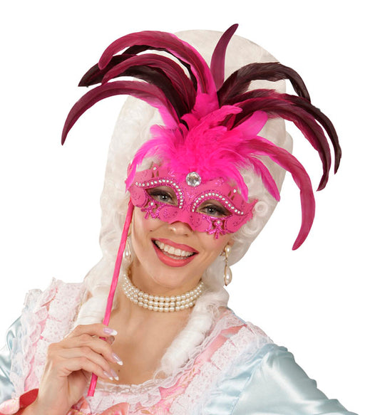 Pinkfarbene Marquise-Augenmaske mit Strass, Edelstein und Federn auf Stab