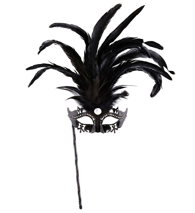 SCHWARZE AUGENMASKE MARQUISE AUF STAB, DEKORIERT MIT STRASS, EDELSTEIN UND FEDERN Schwarz