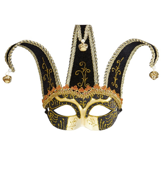 Schwarze Augenmaske mit goldenen Verzierungen und kleinen Glöckchen