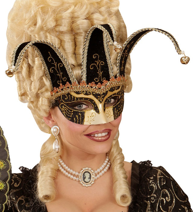 Schwarze Augenmaske mit goldenen Verzierungen und kleinen Glöckchen