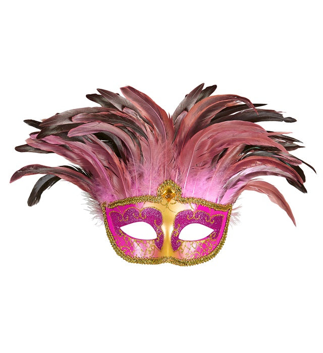 Pinkfarbene Maske Contessa mit Edelsteinen und Federn für Fasnacht und Kostüme