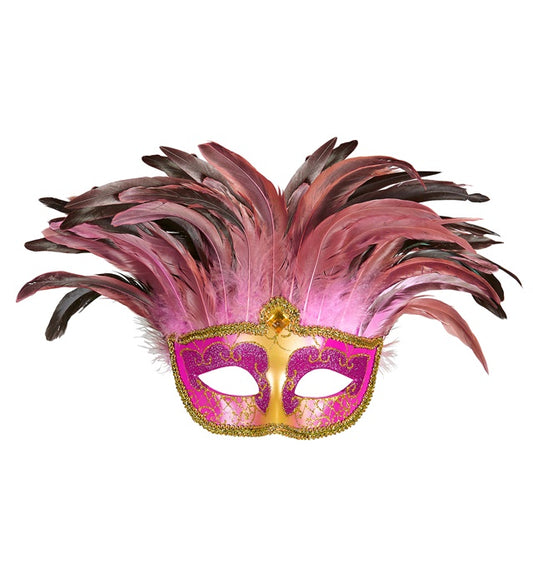 Pinkfarbene Maske Contessa mit Edelsteinen und Federn für Fasnacht und Kostüme