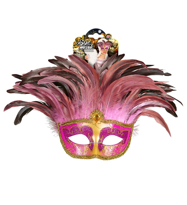 Pinkfarbene Maske Contessa mit Edelsteinen und Federn für Fasnacht und Kostüme