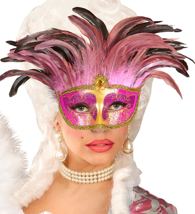 Pinkfarbene Maske Contessa mit Edelsteinen und Federn für Fasnacht und Kostüme