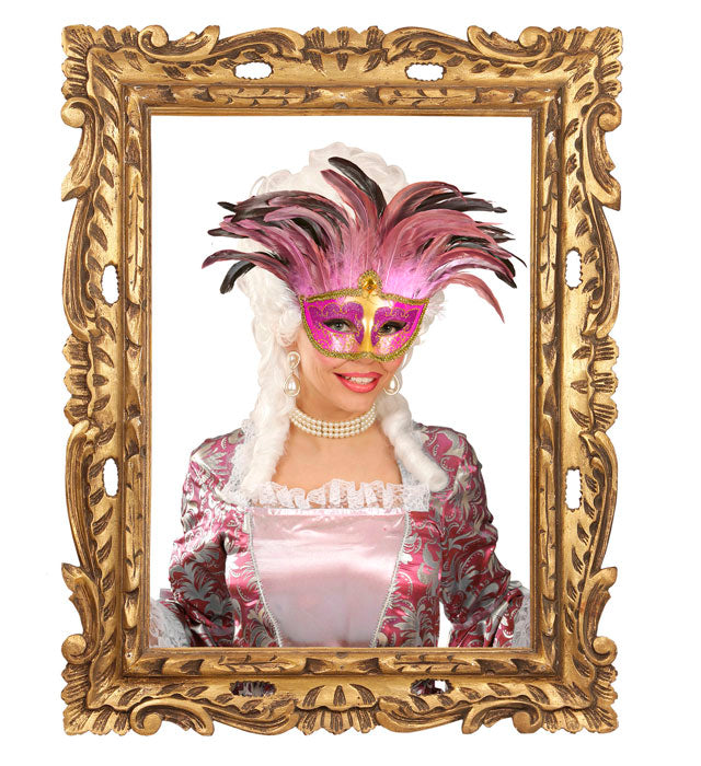 Pinkfarbene Maske Contessa mit Edelsteinen und Federn für Fasnacht und Kostüme