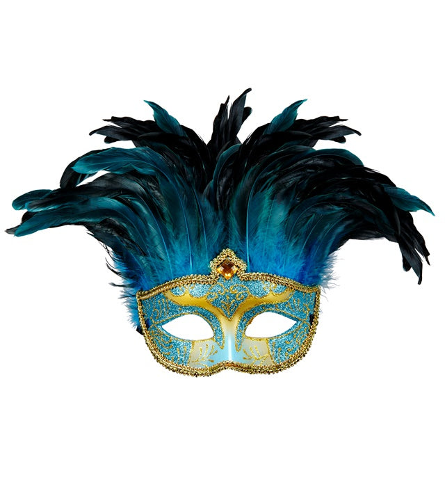 Blaue Contessa-Maske mit Edelsteinen und Federn für Fasnacht und Karneval