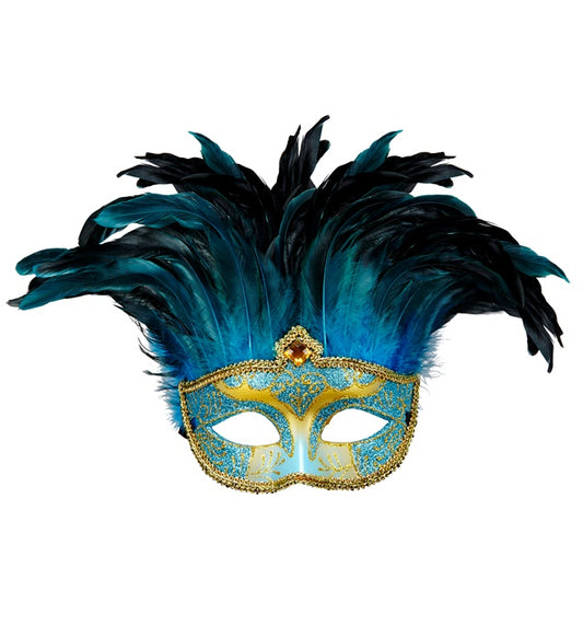 Blaue Contessa-Maske mit Edelsteinen und Federn für Fasnacht und Karneval