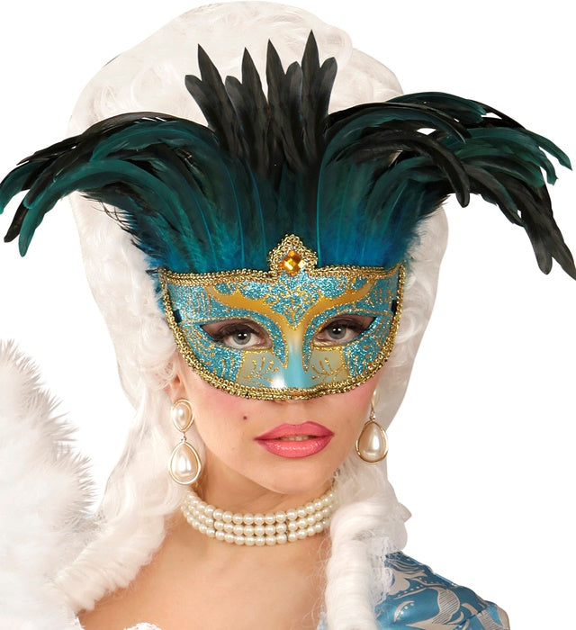 Blaue Contessa-Maske mit Edelsteinen und Federn für Fasnacht und Karneval