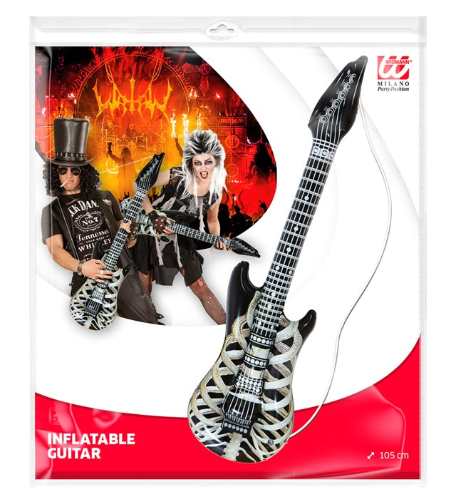 Aufblasbare Skelettgitarre 105 cm in schwarz-weißem Design für Halloween und Fasnacht
