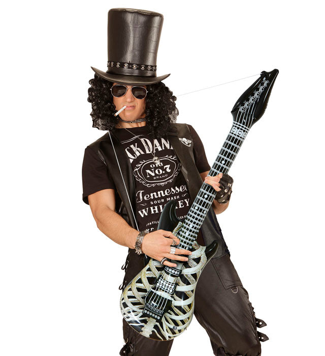 Aufblasbare Skelettgitarre 105 cm in schwarz-weißem Design für Halloween und Fasnacht