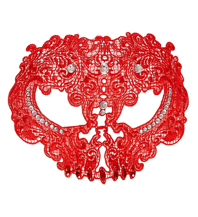 Rote Spitzenmaske mit Strass und Edelsteinen für Halloween und Fasnacht