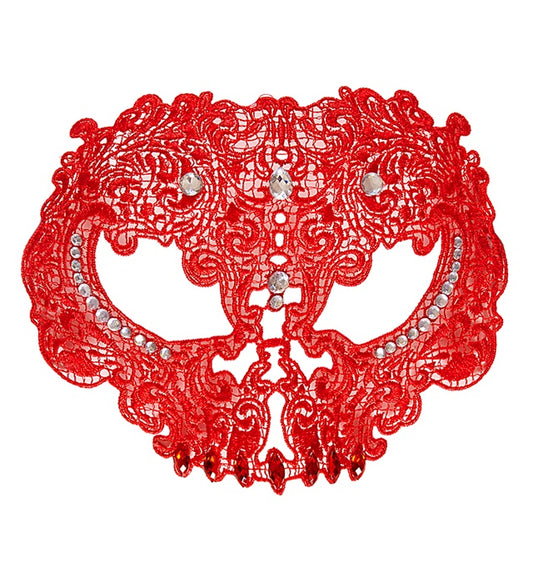 Rote Spitzen-Maske mit Strass und Edelsteinen, ideal für Fasnacht und Halloween