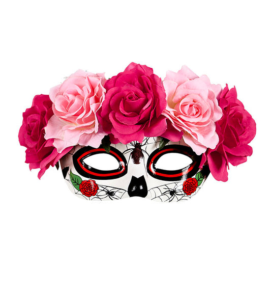 Augenmaske Dia de los Muertos mit roten und pinkfarbenen Rosen verziert