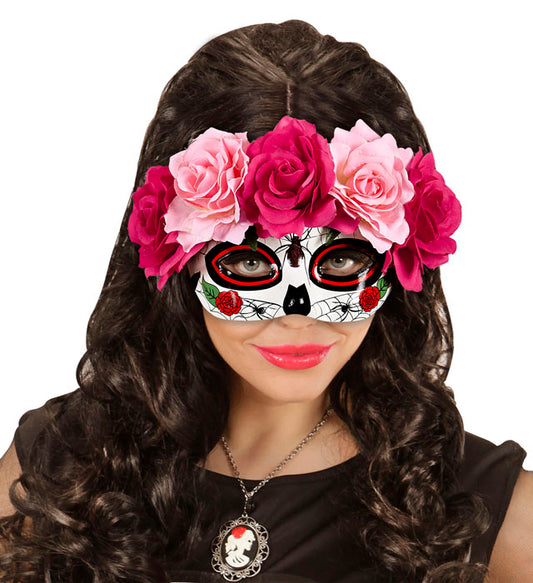 Augenmaske Dia de los Muertos mit roten und pinkfarbenen Rosen verziert