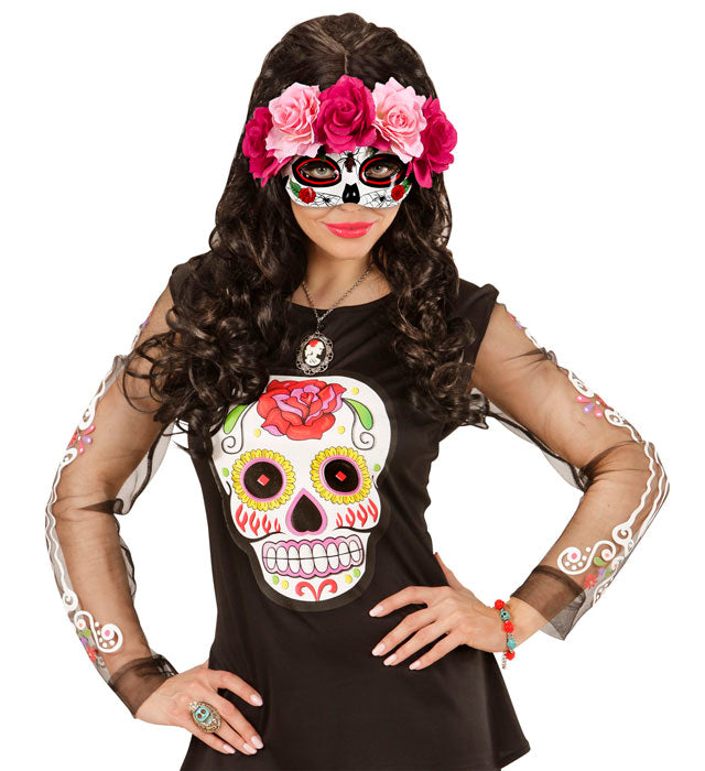 Augenmaske Dia de los Muertos mit roten und pinkfarbenen Rosen verziert