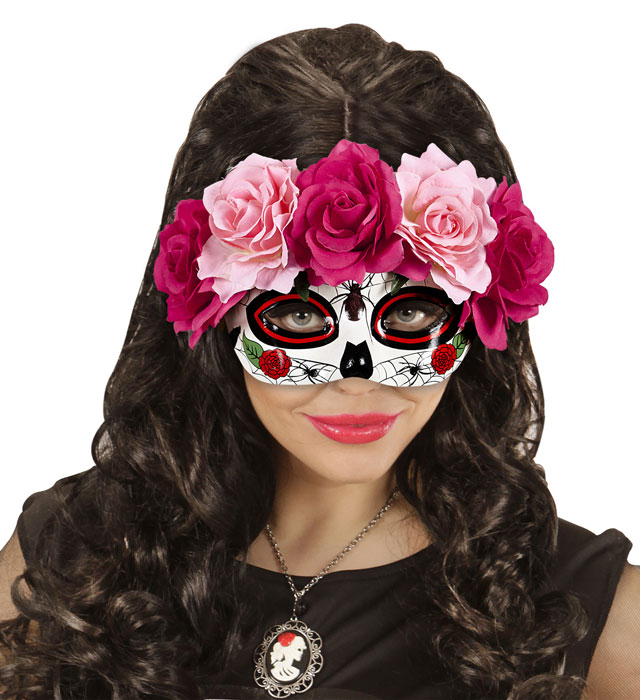AUGENMASKE DIA DE LOS MUERTOS DEKORIERT MIT ROTEN & PINKFARBENEN ROSEN Pink / Rosa
