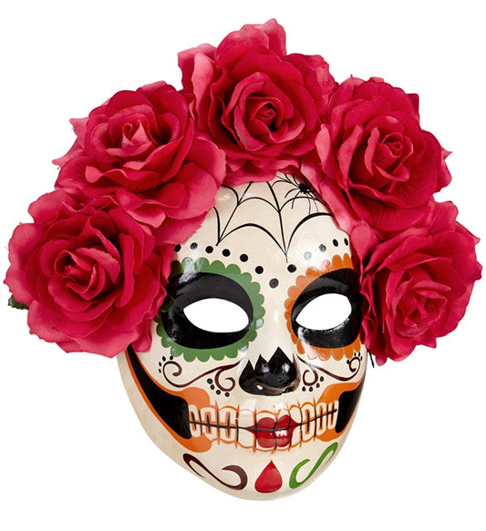 Maske Dia de los Muertos mit roten Rosen auf weiss