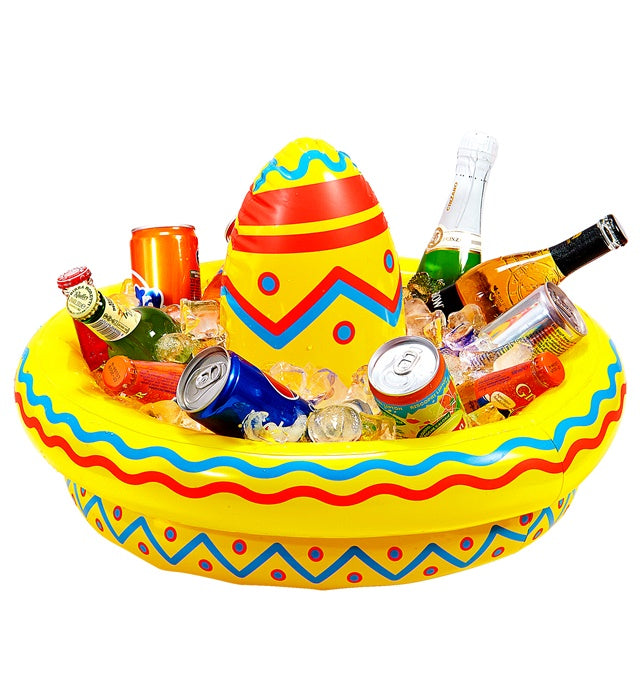 Aufblasbarer Sombrero Getränkehalter in bunten Farben mit Getränk
