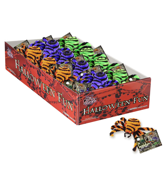 12 bunte Kunststoffspinnen 15 cm in Displaybox für Fasnacht und Halloween