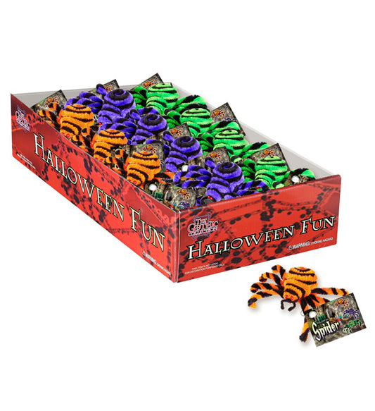 12 bunte Kunststoffspinnen 15 cm in Displaybox für Fasnacht und Halloween
