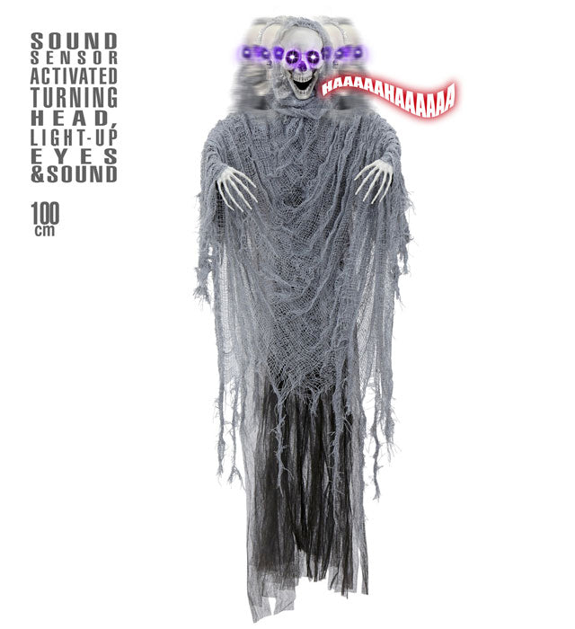 Animierter Grim Reaper mit leuchtenden Augen und beweglichem Kopf, Halloween-Dekoration 100 cm