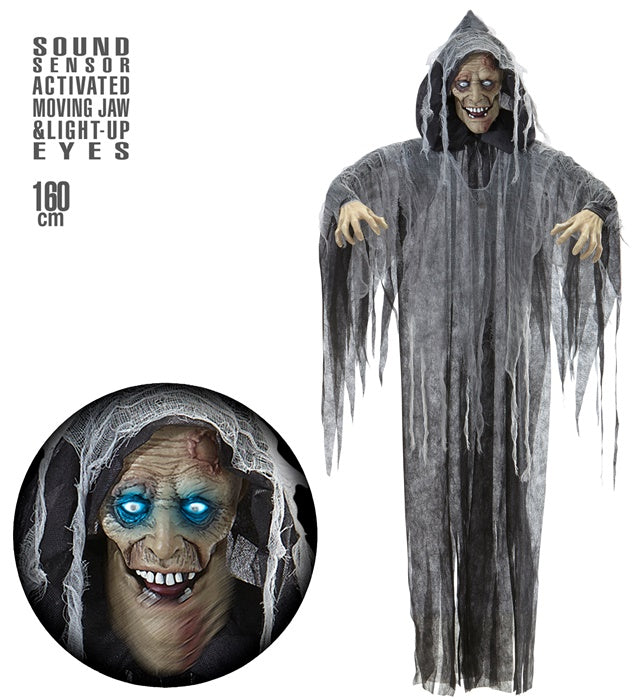 Sprechender Zombie mit leuchtenden Augen und beweglichem Kinn, Halloween-Dekoration 160 cm